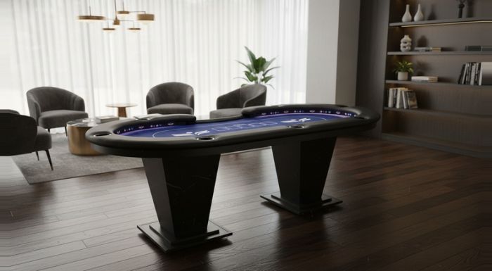 Mesa de Poker Oval com Tecido Azul, LED Azul e Coluna Especial - Pro32
